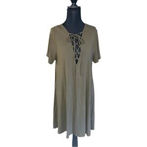 Very J Olive green Lace-Up shirt dress medium autumncore basic rayon blend